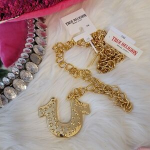 True Religion Gold Chain Belt LARGE HORSESHOE BLING LOGO- Women's L/ SM